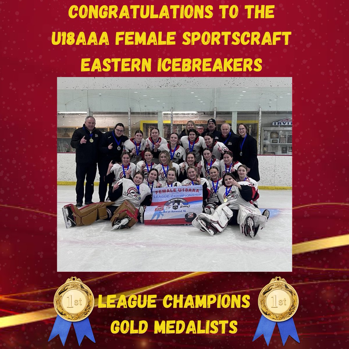🎉🏆 Huge congratulations to the Sportscraft Eastern Icebreakers for securing 1st place in the U18AAA Female League Championship! Your hard work and dedication have paid off! 
We’re so proud of you and can’t wait to see you shine at the Atlantic Championships in April! #Champions