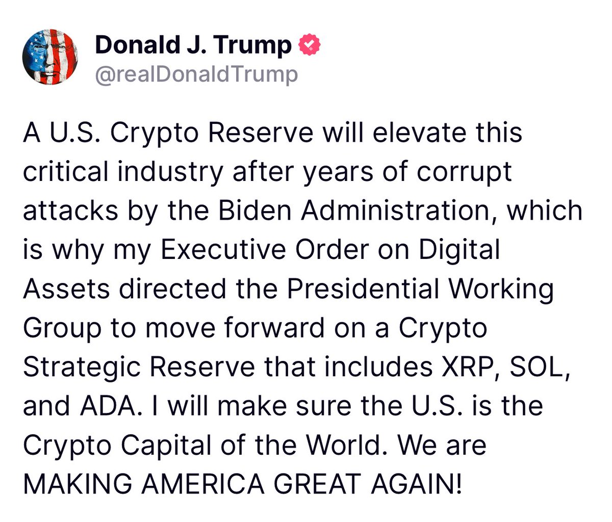 BREAKING: President Donald Trump announces the creation of a U.S. Crypto Reserve.