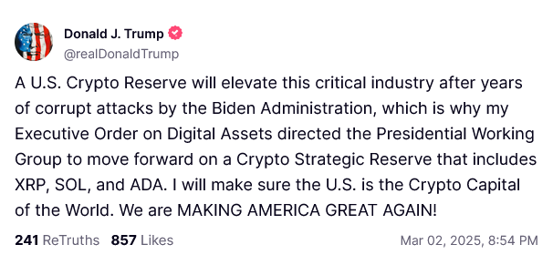 BREAKING: 🇺🇸 Trump greenlights creation of crypto strategic reserve including XRP, SOL, and ADA.