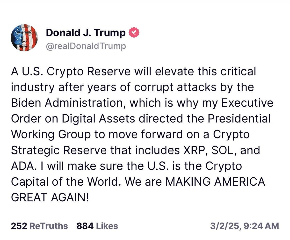 JUST IN: 🇺🇸 President Trump announces he's creating a Crypto Strategic Reserve, with no mention of Bitcoin 👎