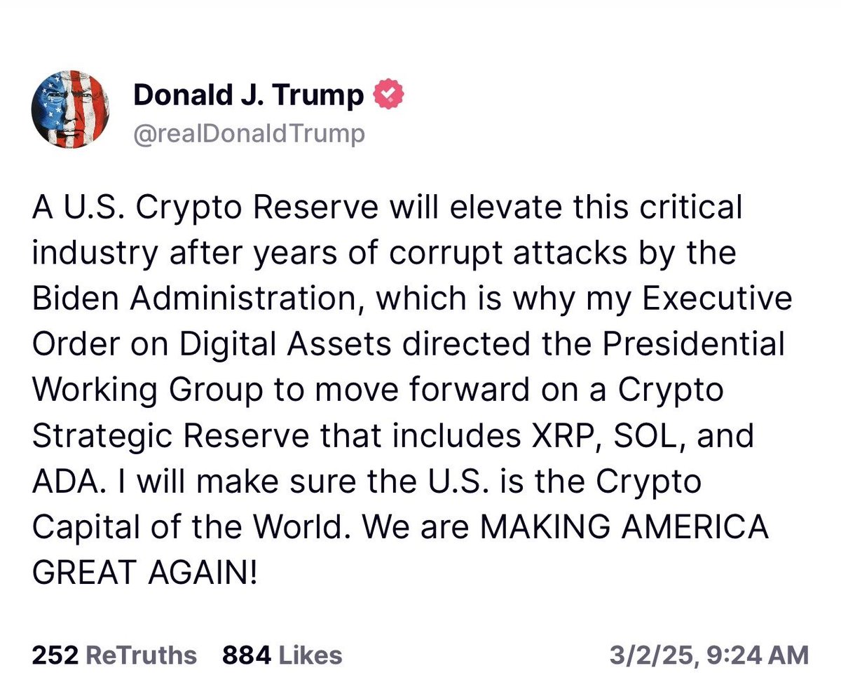 速報】 🇺🇸トランプ大統領、XRP、SOL、ADAを含む「暗号資産戦略準備金」を発表