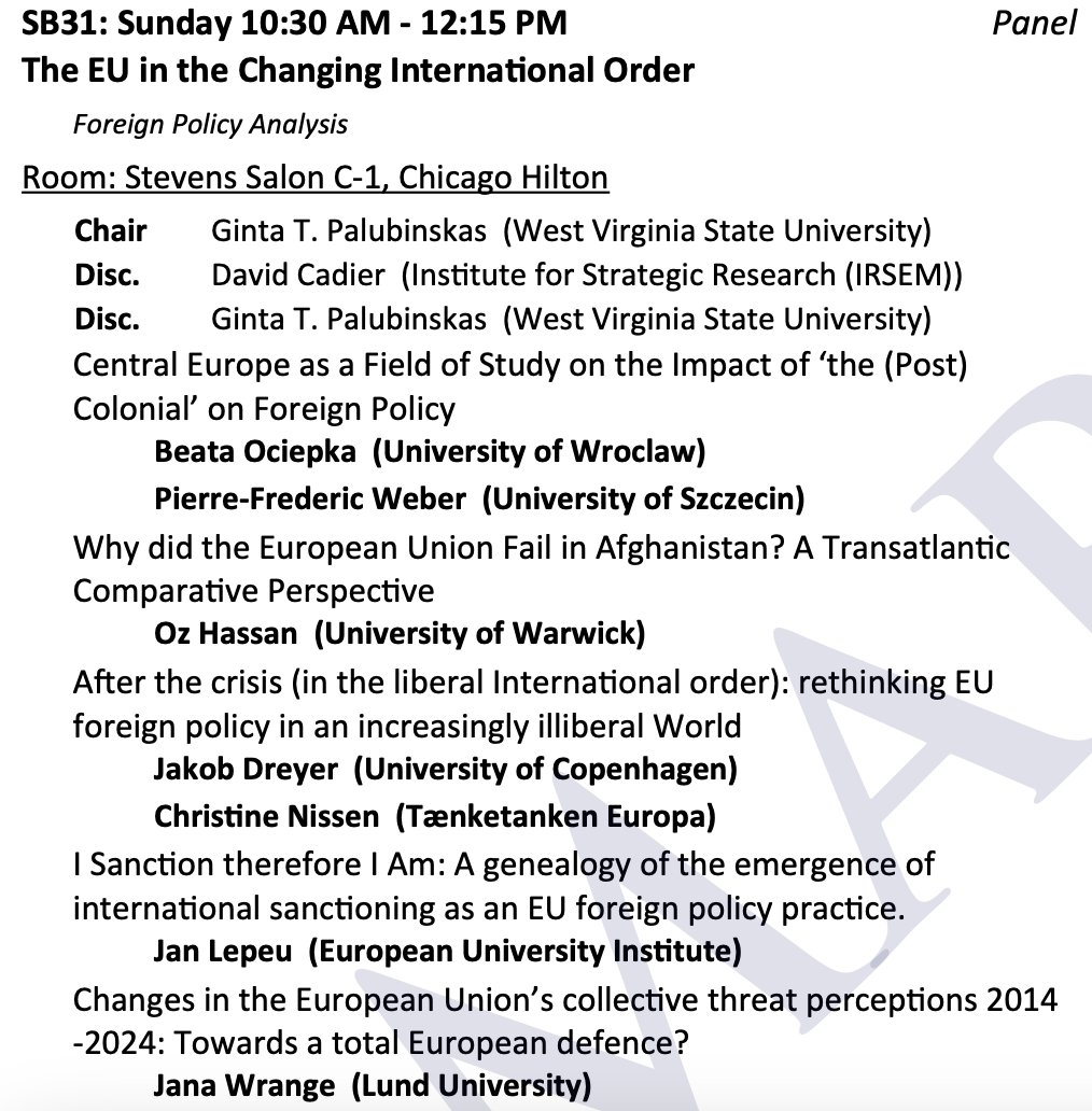 Busy first day at #ISA2025 in Chicago <a href="/isanet/">ISA</a> <a href="/IRSEM1/">IRSEM</a> ! This morning, together with Lisa Gaufman, we presented our paper on Russia’s evolving foreign policy and identity narratives towards EUrope and then I served as discussant on a panel on European strategic autonomy