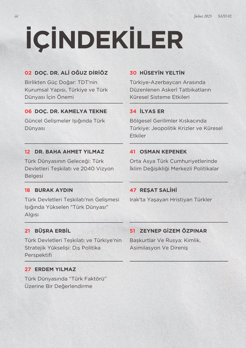 📌Türk Dış Politikasına dair yaşanan gelişmeleri derleyip paylaştığımız e-dergi formatındaki #DışBakış’ın 2025 yılının şubat sayısı "Türk Dünyası" temalı zengin içeriğiyle ile sizlerle.

Keyifli okumalar dileriz. 👇👇
tudpam.org/dis-bakis-suba…