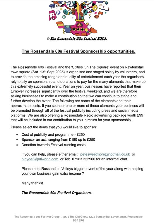 PeterSweetmore's tweet photo. PLEASE sponsor Rossendale's biggest event of the year and get your Company name to a potential 350,000 people across the region?
(&amp; RT... Thanks!) https://t.co/1YWVZhIkh3