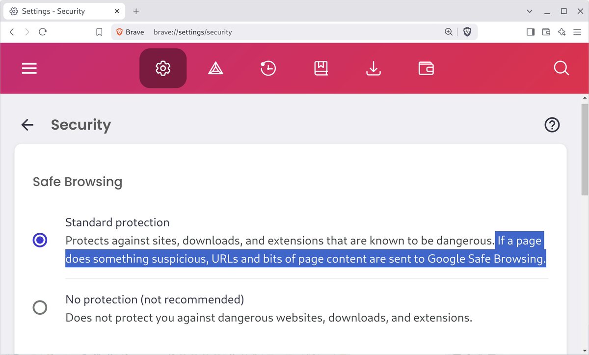KarlEmilNikka's tweet image. Hi @brave. Is this a mistake or does the Brave browser sometimes send URLs and bits of the page content to Google Safe Browsing when Standard protection is enabled (default)? 

support.brave.com/hc/en-us/artic…

#Brave #GoogleSafeBrowsing