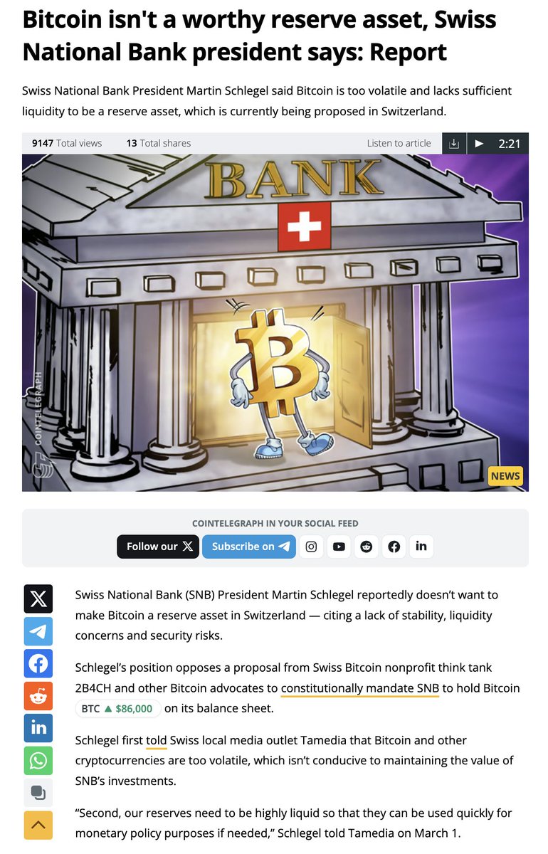 🚨 Swiss National Bank Rejects #Bitcoin as a Reserve Asset – Visionary Move or Just Fear? 🚨

The Swiss National Bank (SNB) has spoken: Bitcoin is too volatile, lacks liquidity, has no real utility, and isn’t fit to be a reserve asset.

Another central bank refusing to touch