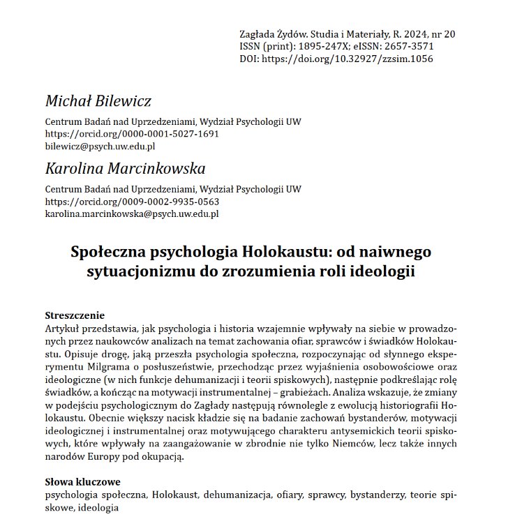 Center for Research on Prejudice UW (@centeruw) on Twitter photo W nowym numerze czasopisma "Zagłada Żydów. Studia i Materiały", wydawanego przez <a href="/Centrum_Badan/">CBnZZ</a>, ukazał się artykuł <a href="/Michal_Bilewicz/">Michał Bilewicz</a> i <a href="/kdmarcinkowska/">Karolina Marcinkowska</a> o przemianach zachodzących w psychologicznych interpretacjach Holokaustu w ostatnich latach. zagladazydow.pl/index.php/zz/i… W nowym numerze czasopisma "Zagłada Żydów. Studia i Materiały", wydawanego przez <a href="/Centrum_Badan/">CBnZZ</a>, ukazał się artykuł <a href="/Michal_Bilewicz/">Michał Bilewicz</a> i <a href="/kdmarcinkowska/">Karolina Marcinkowska</a> o przemianach zachodzących w psychologicznych interpretacjach Holokaustu w ostatnich latach. zagladazydow.pl/index.php/zz/i…