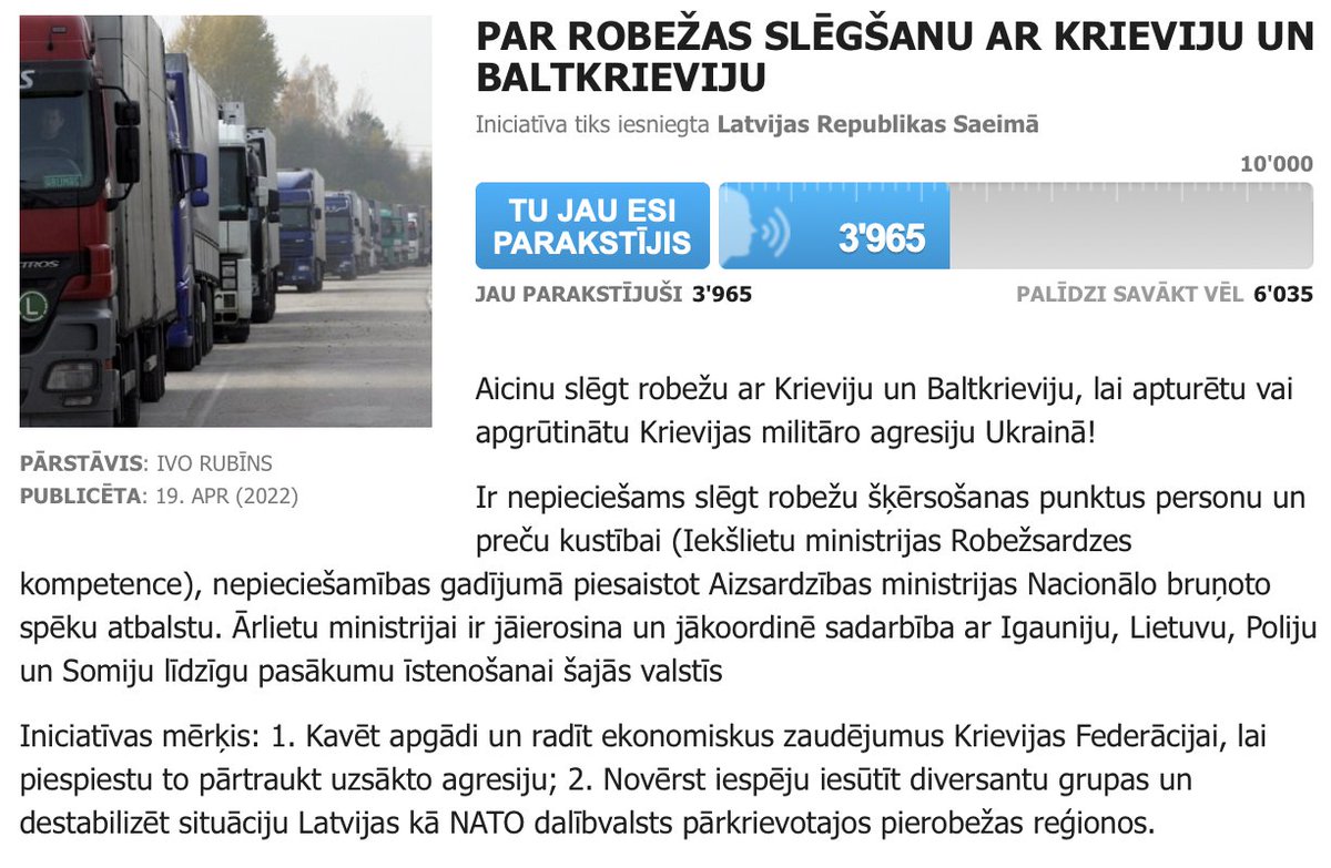 Otrs steidzamais uzdevums🇱🇻, pilnībā mūsu rokās ir slēgt robežu ar🇷🇺un🇧🇾. Katru dienu kursē autobusi, vilcieni un kravas mašīnas. Barojam agresorvalsti un ievedam drošības riskus. 
Parakstieties! manabalss.lv/par-robezas-sl…
Šo kampaņu uzsāka pirms 2 gadiem. Laiks pabeigt un iesniegt