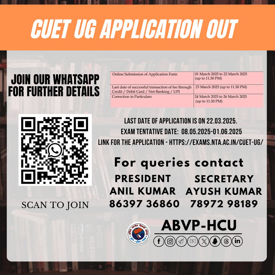 CUET UG 2025 Applications are now open

🔗 Official Website: cuet.nta.nic.in

📢 Join our WhatsApp group for updates! Scan the QR code on the poster.

For queries, contact:
1. Anil Kumar (President) - 86397 36860
2.Ayush Kumar (Secretary) - 78972 98189

#CUET2025