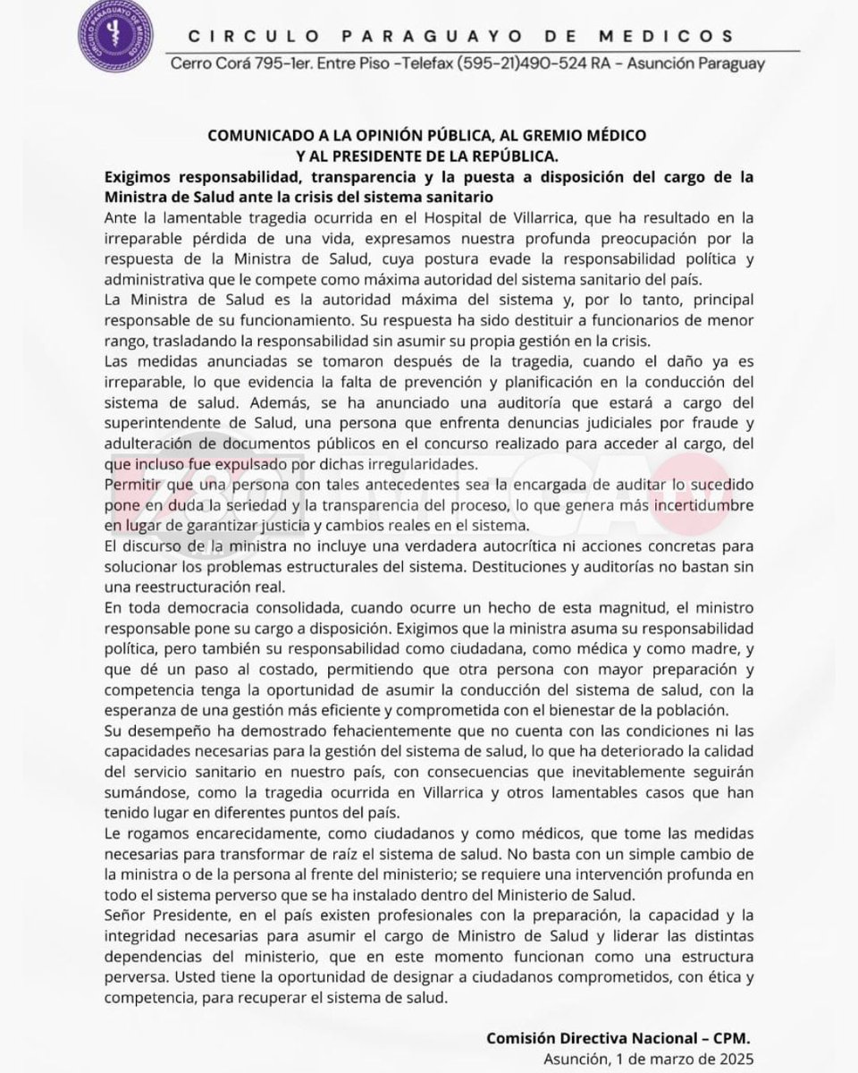 780AM's tweet image. CÍRCULO PARAGUAYO DE MÉDICOS PIDE LA RENUNCIA DE LA MINISTRA DE SALUD, MARÍA TERESA BARÁN ‼️

📢"La ministra evade la responsabilidad política. Destituye a funcionarios de menor rango sin asumir su propia gestión en la crisis", expresa el comunicado, tras el fallecimiento de un…