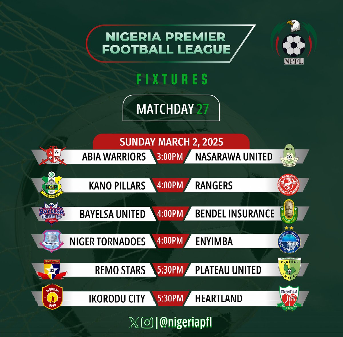 modovictorekene's tweet image. It’s @NigeriaPFL Sunday.

Predict the game that will have  the most goals and win 10,000 naira (not score line)

Rules: 

Must be following me and @modzerosport

Use hashtag #modzerosport 

No Multiple entry. One winner t raffle from all correct answers.