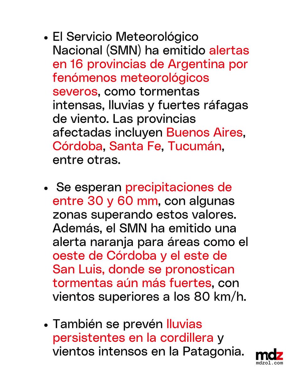 mdzol's tweet photo. ⚠️ ¡Atención! 16 provincias en alerta por tormentas y vientos fuertes este domingo.

¡Cuídate y toma precauciones! 🌧️💨 

#AlertaMeteorológica #Tormentas #Pronóstico #Argentina #Clima https://t.co/8cSmwwChIJ