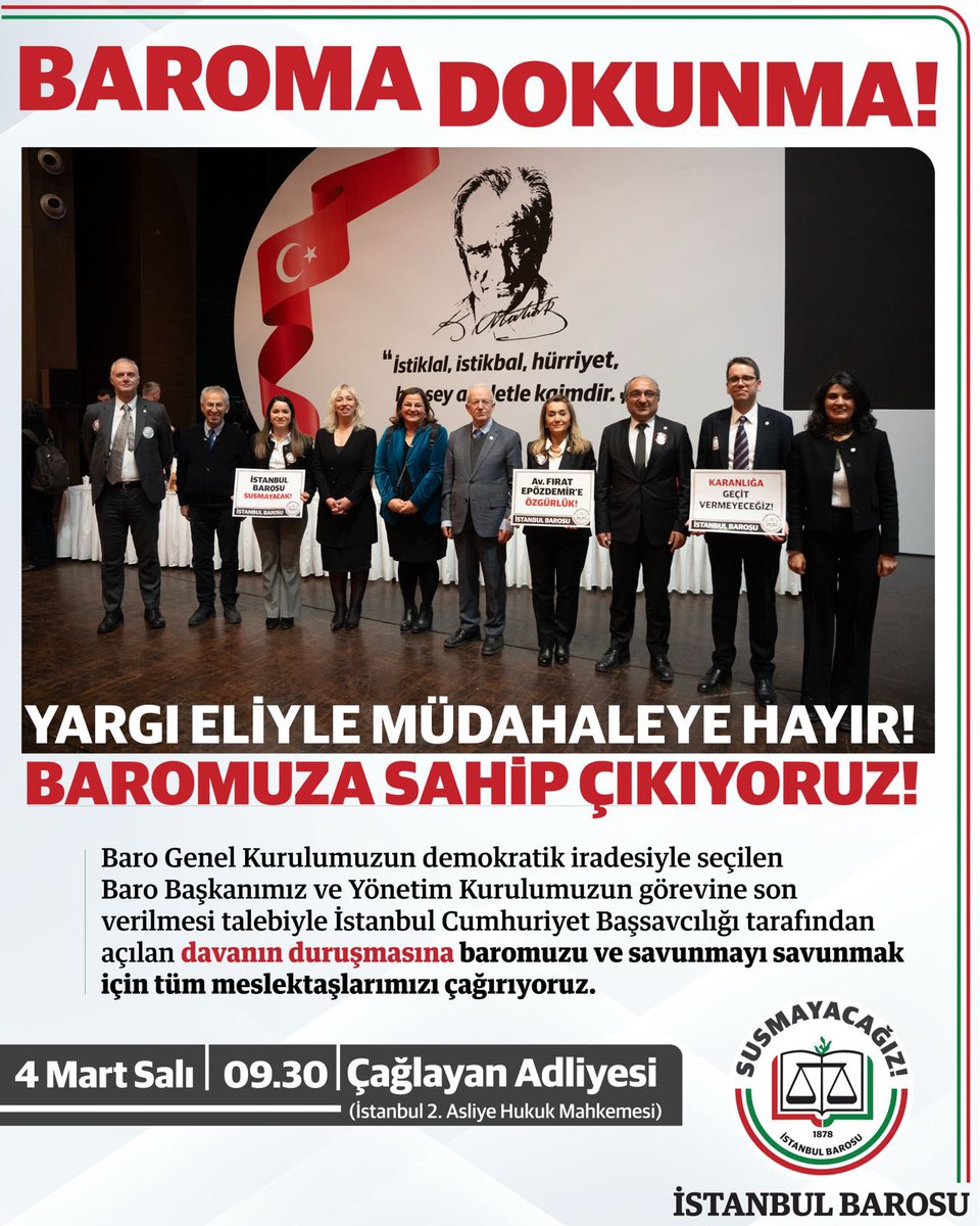 Adalet İçin Hukukçular (@adaletsosyalizm) on Twitter photo İSTANBUL BAROSUNA SAHİP ÇIKIYORUZ! 
İstanbul Barosu Başkanı ve Yönetim Kurulunun görevine son verilmesi talebiyle açılan davanın duruşmasına baromuzu ve savunmayı savunmak için tüm meslektaşlarımızı çağırıyoruz. 
🗓️ | 4 Mart Salı  
🕤 | 09.30 
🏛️ | Çağlayan Adliyesi İSTANBUL BAROSUNA SAHİP ÇIKIYORUZ! 
İstanbul Barosu Başkanı ve Yönetim Kurulunun görevine son verilmesi talebiyle açılan davanın duruşmasına baromuzu ve savunmayı savunmak için tüm meslektaşlarımızı çağırıyoruz. 
🗓️ | 4 Mart Salı  
🕤 | 09.30 
🏛️ | Çağlayan Adliyesi