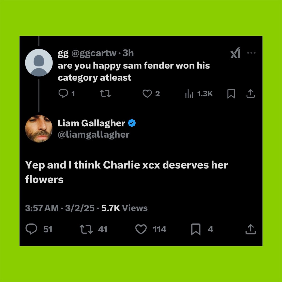 blurremi's tweet photo. 🚨 Liam Gallagher of Oasis comments on Charli xcx’s sweep at the #BRITs2025 :

“I think Charlie xcx deserves her flowers” https://t.co/v7qlCc8uKY