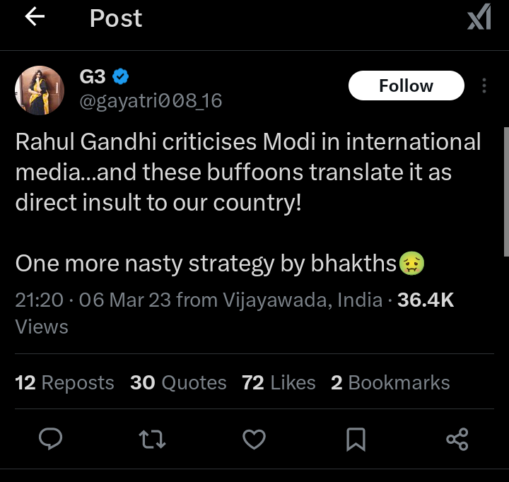 Kcrbrspresedent's tweet image. TDP’s official spokesperson @gayatri008_16 openly defends Rahul Gandhi’s anti-India rants while being in alliance with BJP.

@ncbn @naralokesh, is this the stance of your party? Or is Hinduphobia &amp;amp; Modi-bashing the new TDP policy? #TDPExposed #HinduphobicTDP
4/N