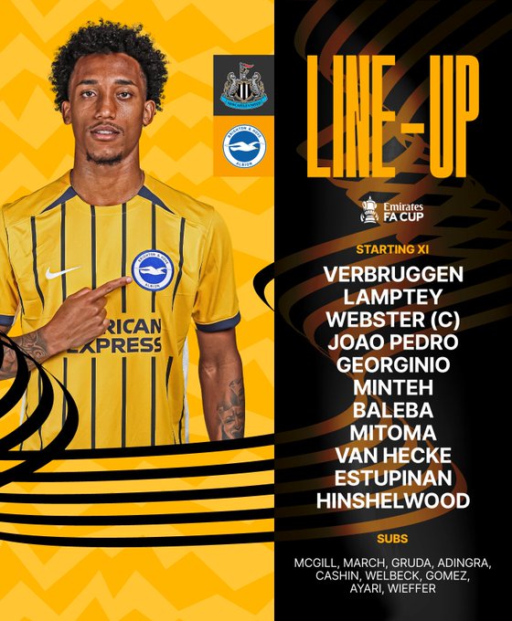 Newcastle v Albion starting XI featuring Joao in our away kit: Verbruggen, Lamptey, Webster (C), Joao Pedro, Georginio, Minteh, Baleba, Mitoma, van Hecke, Estupinan, Hinshelwood.

Subs: McGill, March, Gruda, Adingra, Cashin, Welbeck, Gomez, Ayari, Wieffer. 

Come on Albion!