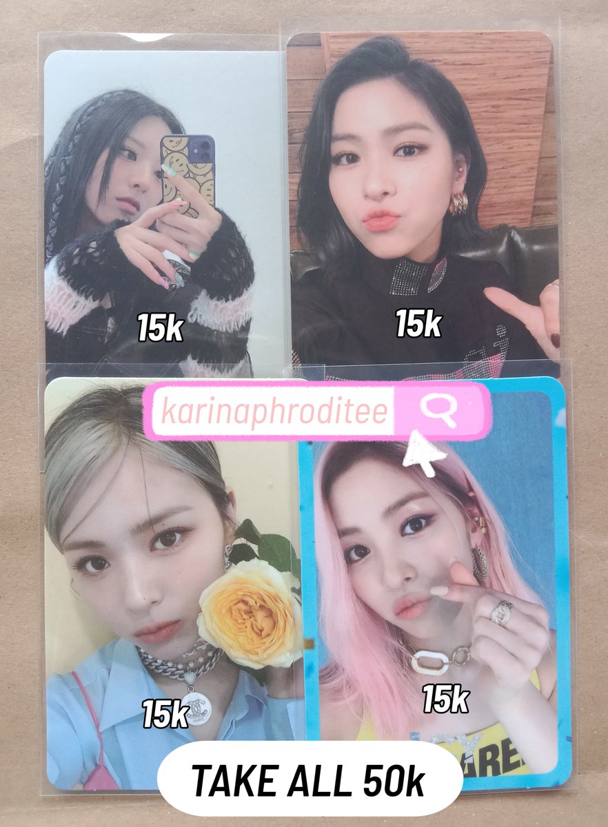[HELP RT]
WTS
Clearance sale!!!
Itzy ryujin yuna pc
• Ready ina
• Jatim
• Good condition
• Harga inc all
• Take all harga lebih murah, 4 pc 50k inc all
• Keep event = dp
Tag photocard crazy in love loco icy itz me wannabe
