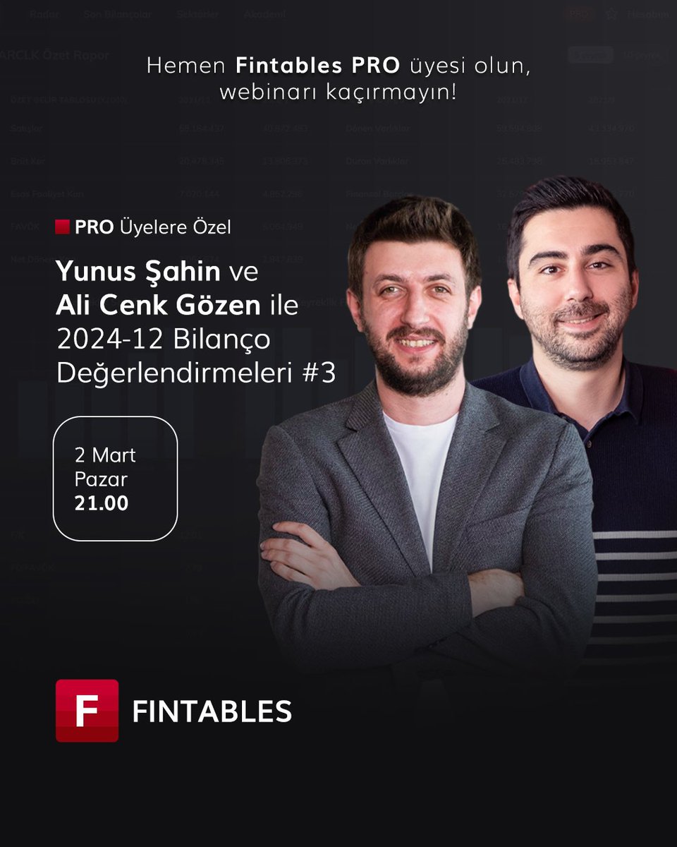 2024/12 Bilanço Değerlendirmeleri #3 webinarının katılım linkine, tüm PRO üyelerimiz yayından 15 dakika önce fintables.com’dan ulaşabilirler.

Hemen Fintables PRO üyesi olun, webinarlarımızı kaçırmayın!