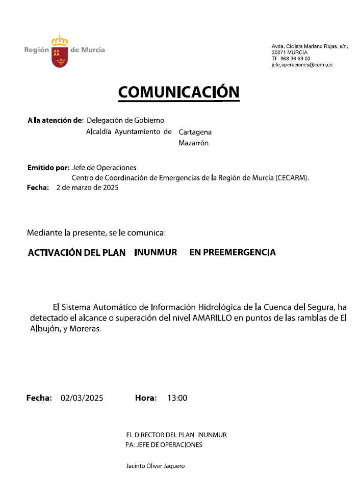 La <a href="/dgsce_RM/">Seguridad Ciudadana y Emergencias Región de Murcia</a> activa el Plan Inunmur en fase de preemergencia