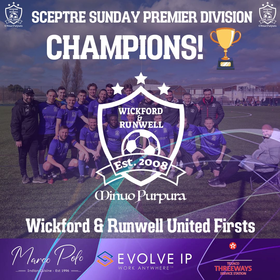 Wickfordutd's tweet photo. @SceptreLeague21 CHAMPIONS!!💜🏆 

Full time score: 
Wickford &amp; Runwell 6-0 Fc Gulls

#minuopurpura #football #sundayleague #champions https://t.co/ke0PsWWzQM