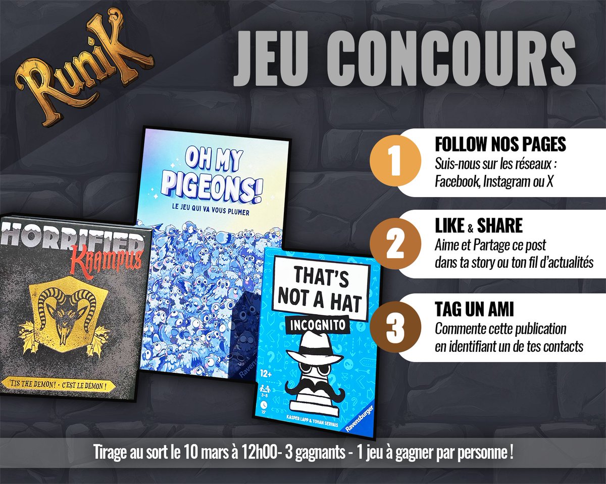 RuniK_officiel's tweet photo. Pour participer :
1 - Suivez RuniK sur Instagram, X et Facebook
2- Likez et Partagez ce post
3- Commentez en identifiant 1 de vos amis 

 Le concours dure 8 jours !
Les gagnants seront tirés au sort le 10 mars à midi et annoncé sur nos réseaux sociaux. https://t.co/RneufkGZ5J