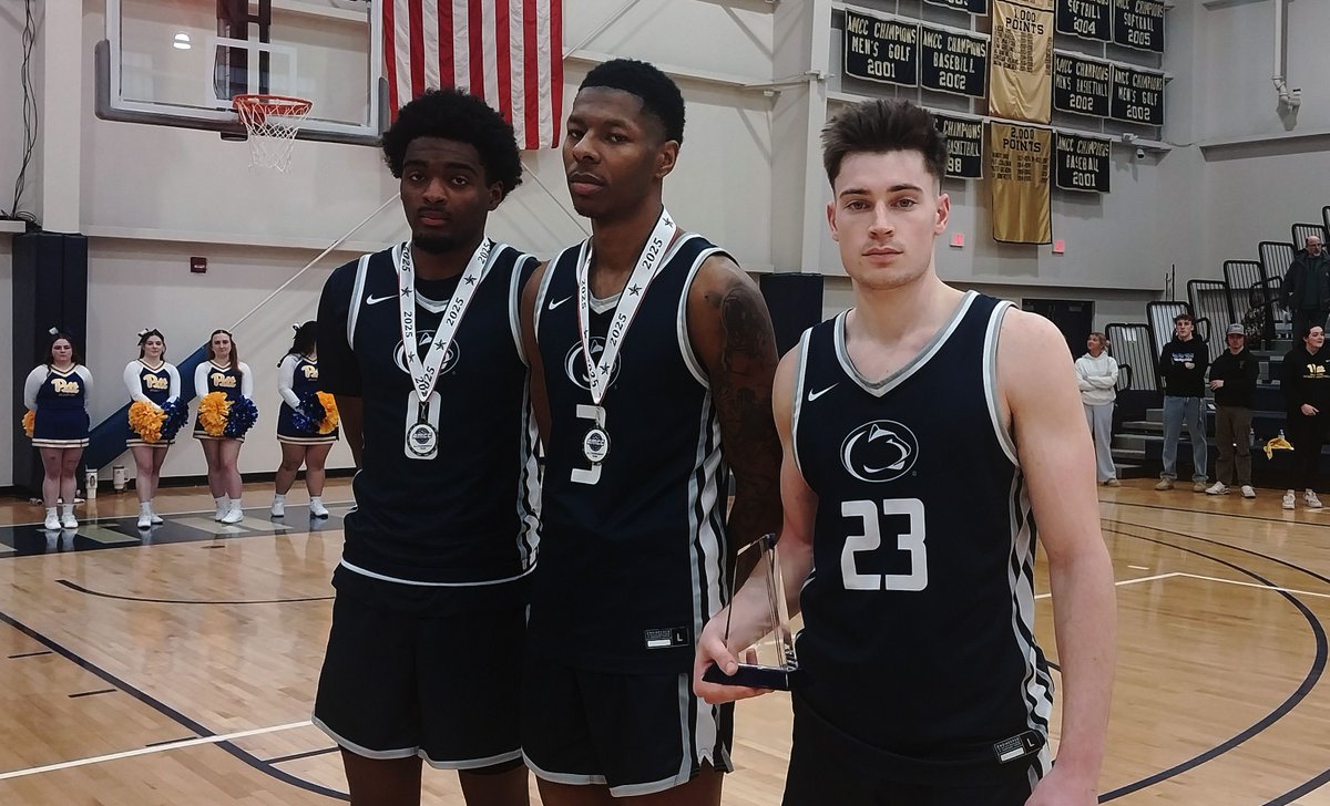 Sophomore Nehemiah Frye (left) and senior Dwayne Jones (center) were chosen to the AMCC All-Tournament team after yesterday's game, while junior Kaden Claar (right) accepted the AMCC runner-up trophy on behalf of his team.

#d3hoops