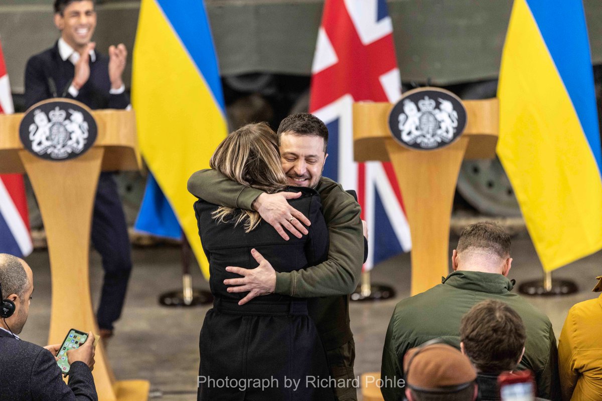 n 2023 President #Zelensky  visited the #UK. At a press conference with UK PM Rishi Sunak a nervous Ukrainian journalist put up her hand. "Can I have a hug?" she asked. Zelensky smiled and said "Of course" and left the podium and gave her a hug. #SlavaUkraini