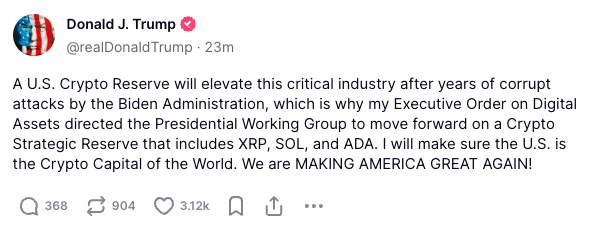 🚨 JUST IN: Cardano $ADA will be part of U.S. Strategic Crypto Reserve 🇺🇸