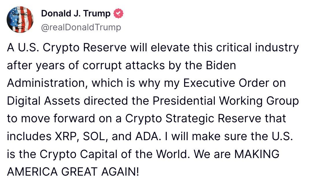 JUST IN 🇺🇸: TRUMP SAYS XRP WILL BE IN THE US STRATEGIC RESERVE.