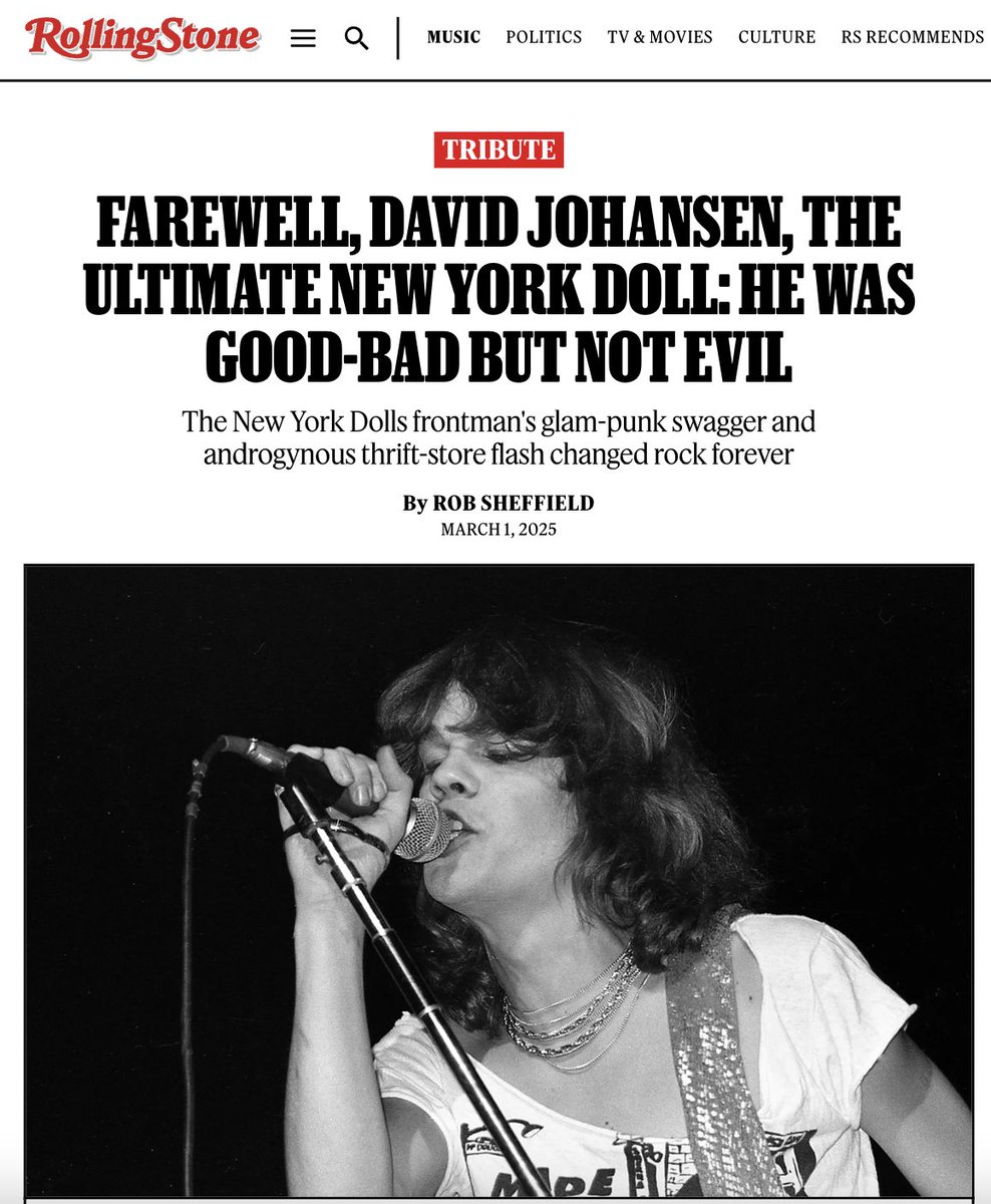 Thanks for your life, David Johansen. I wrote my scruffy little heart out about this man. Hearing him sing in the New York Dolls transformed my life in a few crucial and permanent ways. The essence of Good Bad But Not Evil. 

rollingstone.com/music/music-fe…