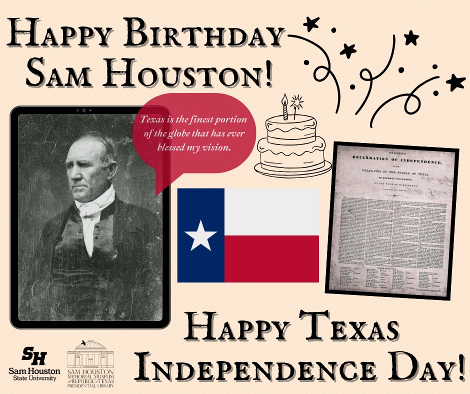 SHMMuseum's tweet image. #OnThisDate 

Mar. 2, 1793: Sam Houston was born in Virginia.
Mar. 2, 1836: A free &amp;amp; independent Republic of Texas was officially declared at Washington-on-the-Brazos. Sam Houston, on his 43rd birthday, was one of the 59 delegates to sign the Texas Declaration of Independence.