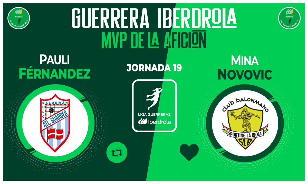 Liga Guerreras Iberdrola (@iberdroladhf) on Twitter photo ⭐ ¡Vota ya para elegir a la #GuerreraIberdrola de la Jornada 1️⃣9⃣ en la #LigaGuerrerasIberdrola!
🆚 <a href="/Atlguardes_ofic/">Mecalia Atlético Guardés</a> 2⃣7⃣:2⃣5⃣ @SportingLR
♻️ RT: <a href="/fernandez14_pau/">Paula Fernández</a>
❤️ Me gusta: <a href="/novovic23/">Mina</a>
#⃣ #Balonmano #SheLovesHandball ⭐ ¡Vota ya para elegir a la #GuerreraIberdrola de la Jornada 1️⃣9⃣ en la #LigaGuerrerasIberdrola!
🆚 <a href="/Atlguardes_ofic/">Mecalia Atlético Guardés</a> 2⃣7⃣:2⃣5⃣ @SportingLR
♻️ RT: <a href="/fernandez14_pau/">Paula Fernández</a>
❤️ Me gusta: <a href="/novovic23/">Mina</a>
#⃣ #Balonmano #SheLovesHandball