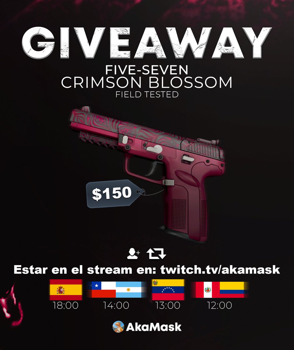 🎁SORTEO FIVE-SEVEN CRIMSON BLOSSOM

💰+$150

Requisitos:
✅Follow &amp; RT
✅Estar hoy en el stream twtv / akamask

GL❤️