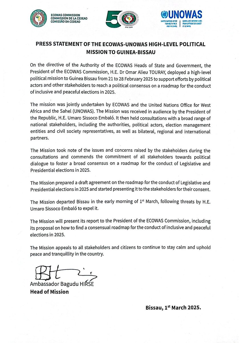 Press Statement of the ECOWAS-UNOWAS high-Level Political Mission to Guinea-Bissau