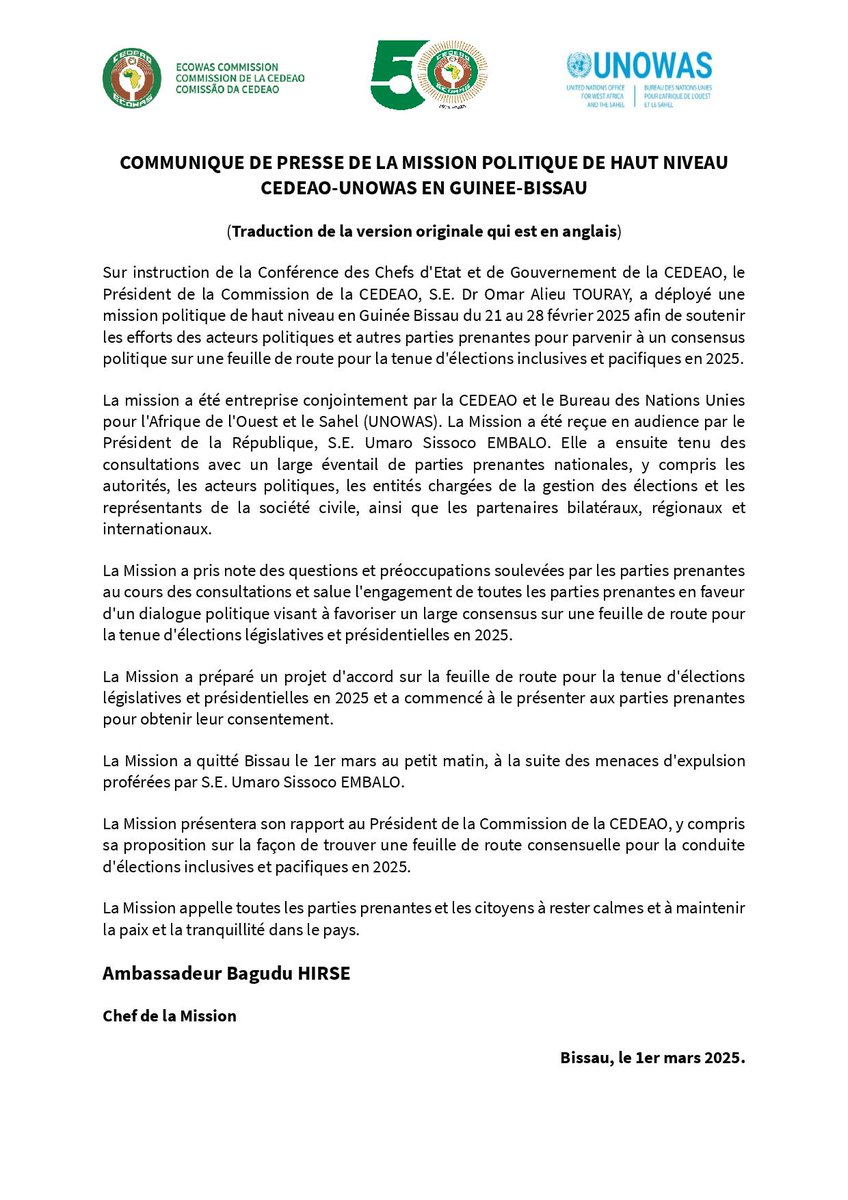 Communiqué de presse de la mission politique de haut niveau CEDEAO-UNOWAS en Guinée-Bissau