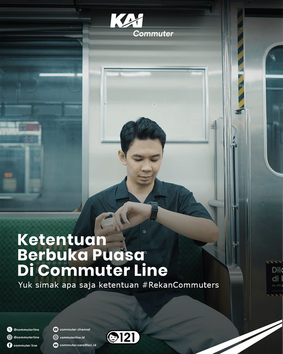 CommuterLine's tweet photo. #RekanCommuters, yuk tetap patuhi aturan berbuka puasa di dalam Commuter Line!

Menjelang waktu berbuka, KAI Commuter memberikan kelonggaran untuk membatalkan puasa. Namun, tetap perhatikan kententuan yang berlaku. Diperbolehkan mengonsumsi makanan & minuman ringan seperti air mineral, roti dan buah kurma. Tidak makan & minum secara berlebihan dan berbau menyengat. Kami himbau untuk selalu menjaga kebersihan selama di dalam perjalanan ataupun di area stasiun.

Mari kita jalankan ibadah puasa dengan penuh hikmah dan saling menghormati sesama pengguna Commuter Line.

#FutureOfGreenCommuter
#KAICommuter
#Ramadan