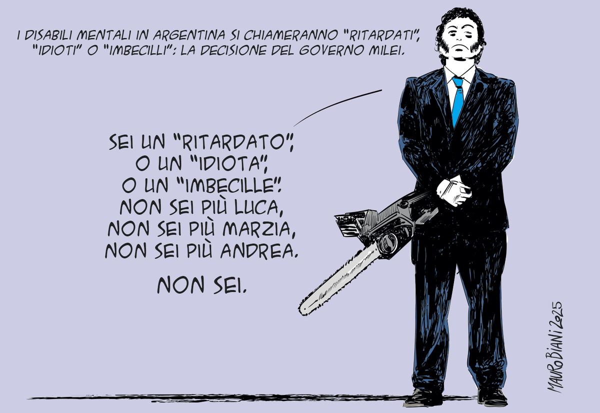 maurobiani's tweet image. #Milei #disabilità #Argentina 
La parola, il nome, è fondamentale nell'identità di una persona. Definisce e costruisce cultura, comportamenti.
La riduzione di diritti riguarda tutti. Ognuna/o. E arriva, prima o poi.
Oggi per @repubblica 
disabili.com/amici-e-incont…