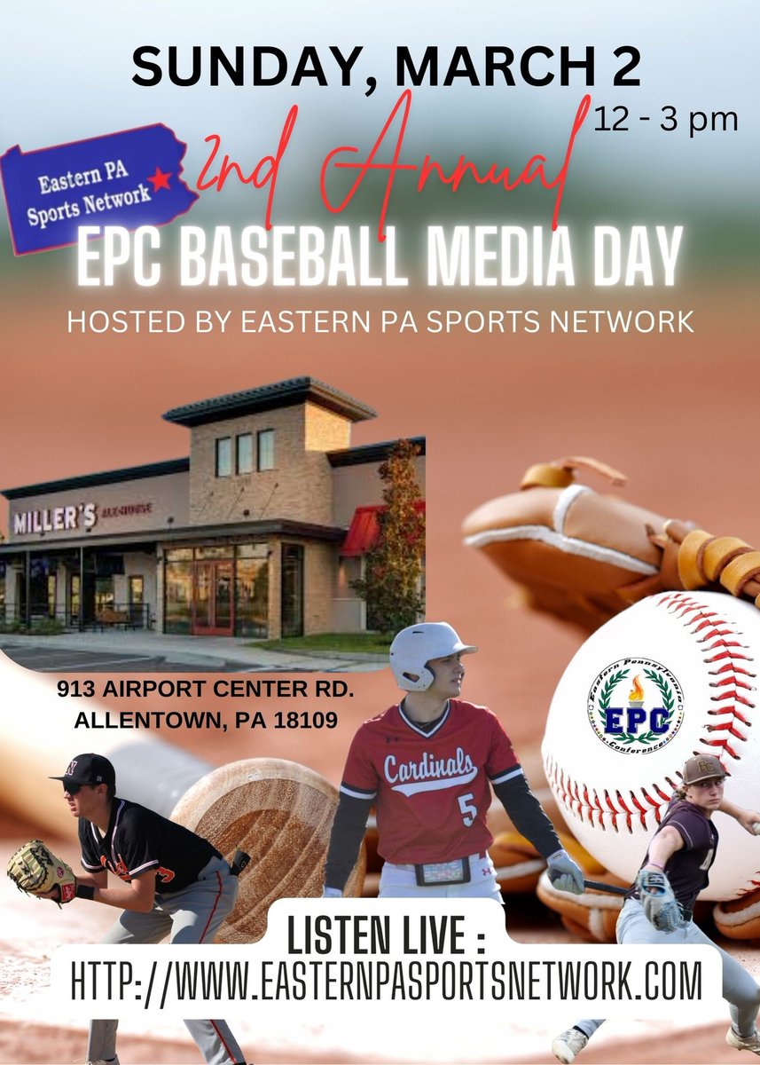 Eastern Pennsylvania Sports Network (@eastpasportsnet) on Twitter photo Lineup for today's 2nd Annual EPC Baseball Media Day Event (Noon - 3 pm)
12:05 pm - <a href="/PMEast_Baseball/">PME Baseball Team</a>
12:20 pm - <a href="/FHSPatriots_BB/">Freedom Patriots Baseball</a>
12:40 pm - <a href="/KKidsBaseball/">Northampton Baseball</a>
1 pm - <a href="/Nazo_Baseball/">Nazareth Baseball</a>
1:15 pm - <a href="/Zephbaseball/">Whitehall Baseball</a>
1:30 pm - <a href="/_EHSBaseball/">EHS Baseball</a>
1:45 pm - <a href="/acchsbsball/">acchsbaseball</a>
(1/2) Lineup for today's 2nd Annual EPC Baseball Media Day Event (Noon - 3 pm)
12:05 pm - <a href="/PMEast_Baseball/">PME Baseball Team</a>
12:20 pm - <a href="/FHSPatriots_BB/">Freedom Patriots Baseball</a>
12:40 pm - <a href="/KKidsBaseball/">Northampton Baseball</a>
1 pm - <a href="/Nazo_Baseball/">Nazareth Baseball</a>
1:15 pm - <a href="/Zephbaseball/">Whitehall Baseball</a>
1:30 pm - <a href="/_EHSBaseball/">EHS Baseball</a>
1:45 pm - <a href="/acchsbsball/">acchsbaseball</a>
(1/2)