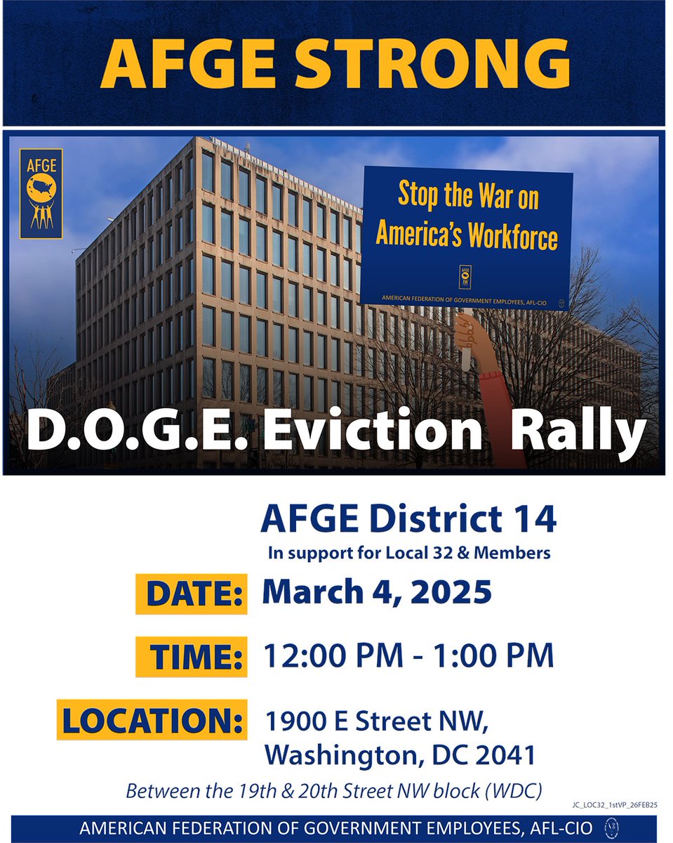 On Tuesday join <a href="/AFGENational/">AFGE</a> members, labor leaders, and allies at the Office of Personnel Management to side with federal workers and evict DOGE. Noon at 1900 E St. NW.