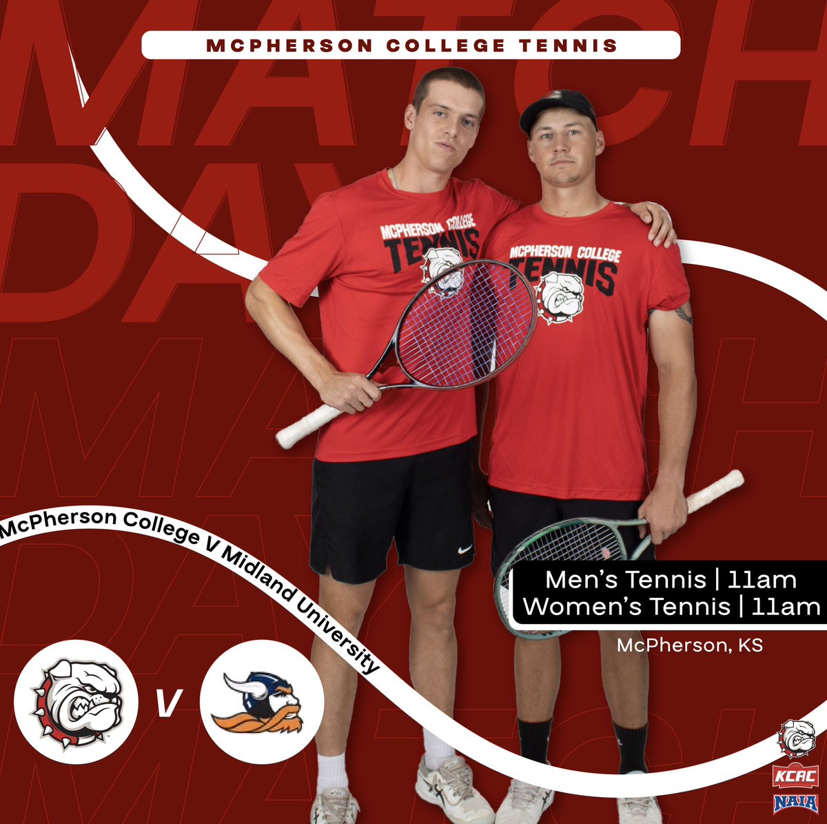 MWTEN | Both team are home for MATCH DAY! 🎾

🆚 Midland University
⏰ W-11am | M-11am
📍 McPherson, KS - Bulldog Tennis Center
📺 web.playsight.com/facility/mcphe…

#bulldogpride
