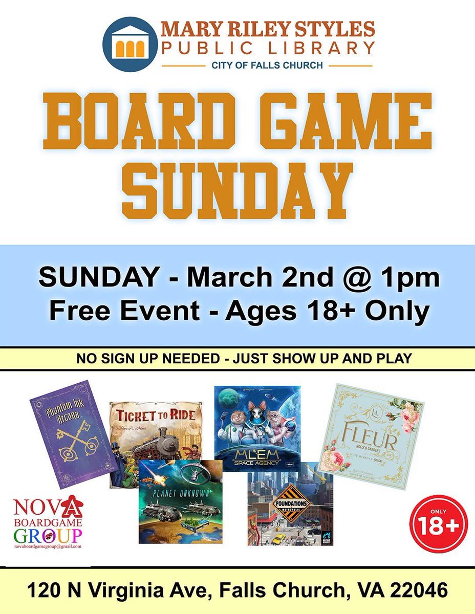 NOVA BoardGame Group (@novaboardgame) on Twitter photo Join us today at Falls Church Library for Board Game Day starting at 1pm. Ages 18+ only. No sign up needed - just show up to learn a new game and make new friends. #dmv #fallschurch #NoVa <a href="/ilovearlingtonv/">I Love Arlington VA</a> <a href="/mrsplfc/">MRS Public Library</a> Join us today at Falls Church Library for Board Game Day starting at 1pm. Ages 18+ only. No sign up needed - just show up to learn a new game and make new friends. #dmv #fallschurch #NoVa <a href="/ilovearlingtonv/">I Love Arlington VA</a> <a href="/mrsplfc/">MRS Public Library</a>