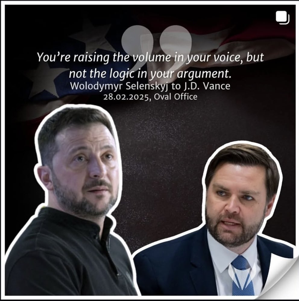 ‼️
„Sie erheben die Lautstärke ihrer Stimme, nicht aber die Logik in ihren Argumenten!“
Wolodomyr Selenskyi
Oval Office 28.2.2025

Zu Vizepräsident JDV.

Was für ein starker Satz, mitten in dem ganzen abgekarteten „Spiel“ von DT und der US Regierung.
#StandWithUkraine