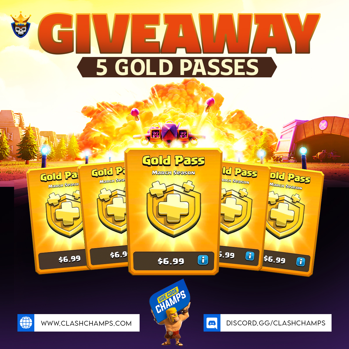 Clash Champs (@clashchamps) on Twitter photo 5x Gold Passes #Giveaway! 🤑
To Enter:
⚔️ Follow us <a href="/ClashChamps/">Clash Champs</a>
⚔️ RT and Tag 2 Friends
🔥 BONUS - Post screenshot of using:
💀 App 👉 link.clashchamps.com
💀 Code CHAMPS 👉 supr.cl/CodeClashChamps
⏰ Ends 8th March 5x Gold Passes #Giveaway! 🤑
To Enter:
⚔️ Follow us <a href="/ClashChamps/">Clash Champs</a>
⚔️ RT and Tag 2 Friends
🔥 BONUS - Post screenshot of using:
💀 App 👉 link.clashchamps.com
💀 Code CHAMPS 👉 supr.cl/CodeClashChamps
⏰ Ends 8th March