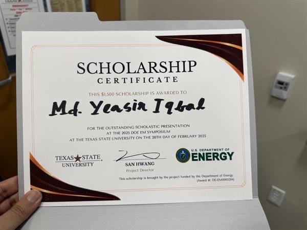 Congratulations to my student Yeasir Iqbal awarded one of the “DOE-EM scholarship “ from <a href="/EnergyDept_AP/">U.S. Department of Energy</a> for his my research on optimization of routing decisions for non- profit organizations. The DOE- EM Symposium 2025 was held at <a href="/txstengineering/">Ingram School of Engineering</a> this past Friday #imosslab <a href="/txst/">Texas State University</a>
