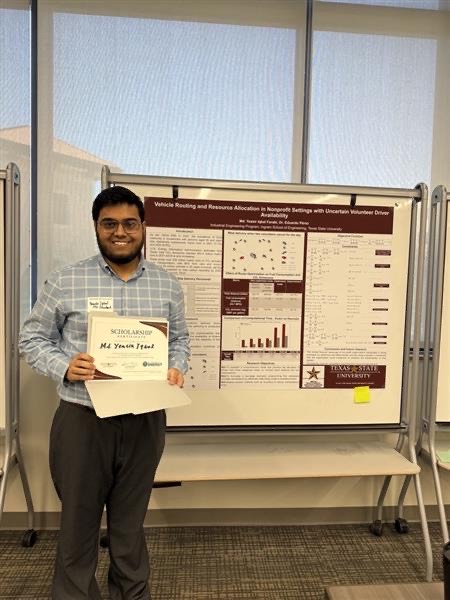 ProfessorEPerez's tweet photo. Congratulations to my student Yeasir Iqbal awarded one of the “DOE-EM scholarship “ from @EnergyDept_AP for his my research on optimization of routing decisions for non- profit organizations. The DOE- EM Symposium 2025 was held at @txstengineering this past Friday #imosslab @txst https://t.co/gyuuhHPEKx