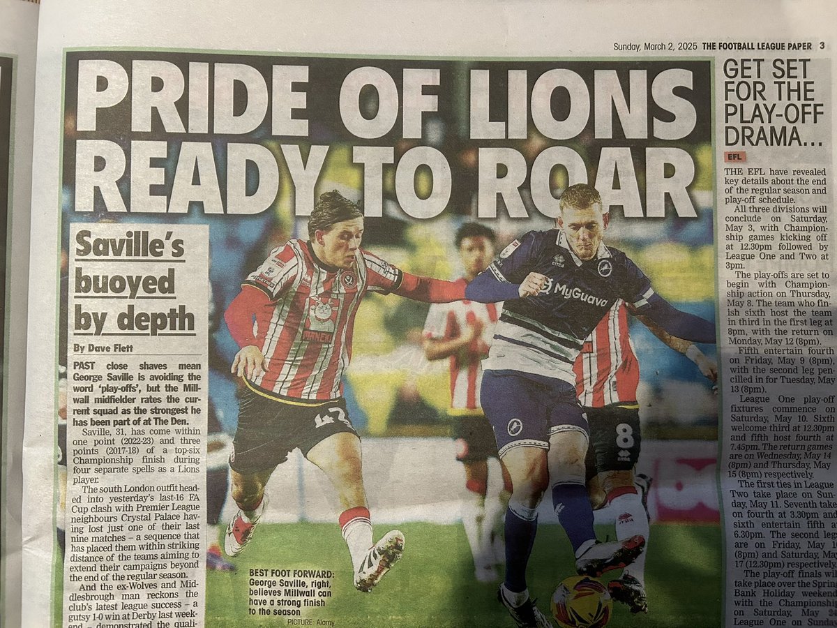 Dave Flett (@daveflettpress) on Twitter photo One for <a href="/MillwallFC/">Millwall FC</a> fans. I spoke to George Saville about how he’s avoiding all mentions of play-offs but also believes this is the strongest Lions squad during his 4 separate spells at The Den. Full story in <a href="/TheLeaguePaper/">The Football League Paper</a> - in shops now. Always great value for £2.20. #Millwall One for <a href="/MillwallFC/">Millwall FC</a> fans. I spoke to George Saville about how he’s avoiding all mentions of play-offs but also believes this is the strongest Lions squad during his 4 separate spells at The Den. Full story in <a href="/TheLeaguePaper/">The Football League Paper</a> - in shops now. Always great value for £2.20. #Millwall