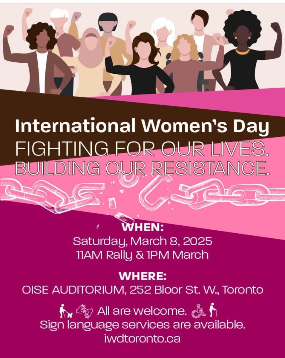 International Women’s Day Toronto 2025 
Fighting for Our Lives. Building Our Resistance
Saturday, March 8, 2025
11AM Rally &amp; 1PM March
OISE AUDITORIUM, 252 Bloor St. W.
#IWD2025 
#InternationalWomensDay 
<a href="/CTVToronto/">CTV News Toronto</a> <a href="/TorontoStar/">Toronto Star</a> <a href="/CityNewsTO/">CityNews Toronto</a> <a href="/UofT/">University of Toronto</a>