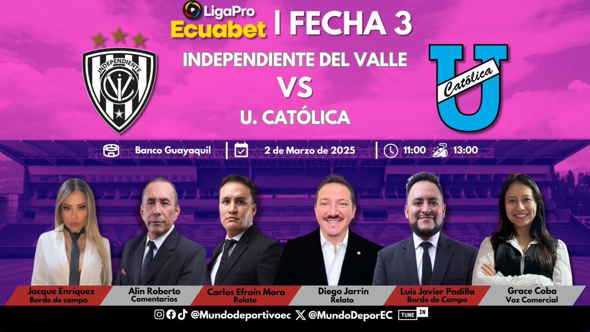 MUNDO DEPORTIVO EC 🇪🇨 (@mundodeporec) on Twitter photo 🏆DOMINGO DE FÚTBOL | Hoy desde el estadio Banco Guayaquil con:
<a href="/IDV_EC/">Independiente del Valle</a> 🆚 <a href="/UCatolicaEC/">U. Católica Ecuador</a>
🎙️ <a href="/CarlosEfrainM/">Carlos Efraín Mora M</a>
🎙️ <a href="/diegojarrin10/">Diego Jarrín</a>
📝 <a href="/alinroberto/">𝑨𝒍𝒊𝒏 𝑹𝒐𝒃𝒆𝒓𝒕𝒐 𝑸𝒖𝒊𝒈𝒖𝒂𝒏𝒈𝒐 𝑼.</a>
🏟 <a href="/JavierPSec/">LUIS JAVIER PADILLA</a>
🏟 <a href="/jacqueenriquez5/">Jacque Enríquez</a>
🗣️ <a href="/gracewalker_23/">Grace Coba Yar</a>
#MD360
#ConSentidoNacional 🏆DOMINGO DE FÚTBOL | Hoy desde el estadio Banco Guayaquil con:
<a href="/IDV_EC/">Independiente del Valle</a> 🆚 <a href="/UCatolicaEC/">U. Católica Ecuador</a>
🎙️ <a href="/CarlosEfrainM/">Carlos Efraín Mora M</a>
🎙️ <a href="/diegojarrin10/">Diego Jarrín</a>
📝 <a href="/alinroberto/">𝑨𝒍𝒊𝒏 𝑹𝒐𝒃𝒆𝒓𝒕𝒐 𝑸𝒖𝒊𝒈𝒖𝒂𝒏𝒈𝒐 𝑼.</a>
🏟 <a href="/JavierPSec/">LUIS JAVIER PADILLA</a>
🏟 <a href="/jacqueenriquez5/">Jacque Enríquez</a>
🗣️ <a href="/gracewalker_23/">Grace Coba Yar</a>
#MD360
#ConSentidoNacional