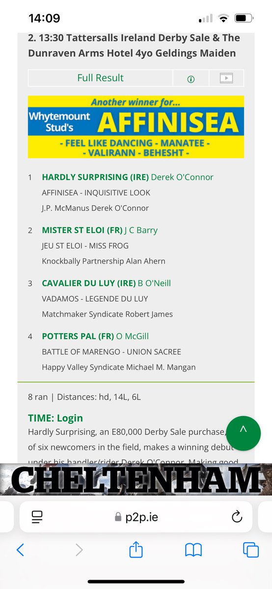 Castledillon Stud (@castledillon4) on Twitter photo ✨Hardly Surprising✨ (<a href="/Whytemount_Stud/">Whytemount Stud</a> Affinisea) lands the 4 Year Old Geldings maiden at Ballycahane <a href="/irishp2p/">p2p.ie</a>. Ridden and trained by <a href="/DerekOConnor82/">Derek O Connor</a> for JP McManus. Sold <a href="/Tattersalls_ie/">Tattersalls Ireland</a> Derby Sale to Frank Berry. Well done to all connections👏🏼👏🏼 ✨Hardly Surprising✨ (<a href="/Whytemount_Stud/">Whytemount Stud</a> Affinisea) lands the 4 Year Old Geldings maiden at Ballycahane <a href="/irishp2p/">p2p.ie</a>. Ridden and trained by <a href="/DerekOConnor82/">Derek O Connor</a> for JP McManus. Sold <a href="/Tattersalls_ie/">Tattersalls Ireland</a> Derby Sale to Frank Berry. Well done to all connections👏🏼👏🏼