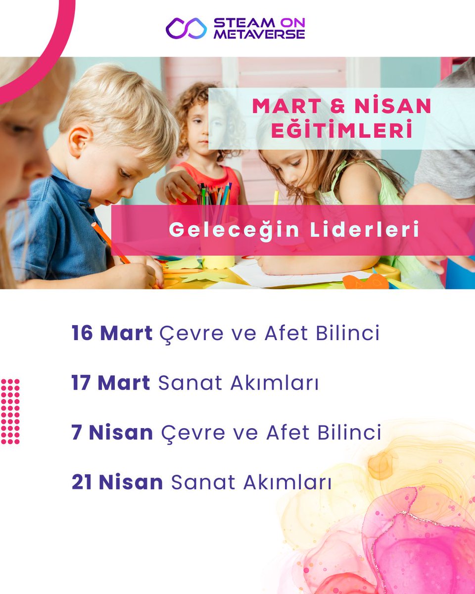 Eğitimlerimize;
🔗 buff.ly/TM9IRMu adresinden hemen kayıt olabilirsin. 

Fırsatları kaçırma, Steam On Metaverse ile öğrenmeye ve keşfetmeye başla! ✨ 
📩 Soruların mı var? Cevaplamak için buradayız! 🚀

#çocuklariçineğitim #eğitim #küçükressamlar #sanatakımları #3değitim